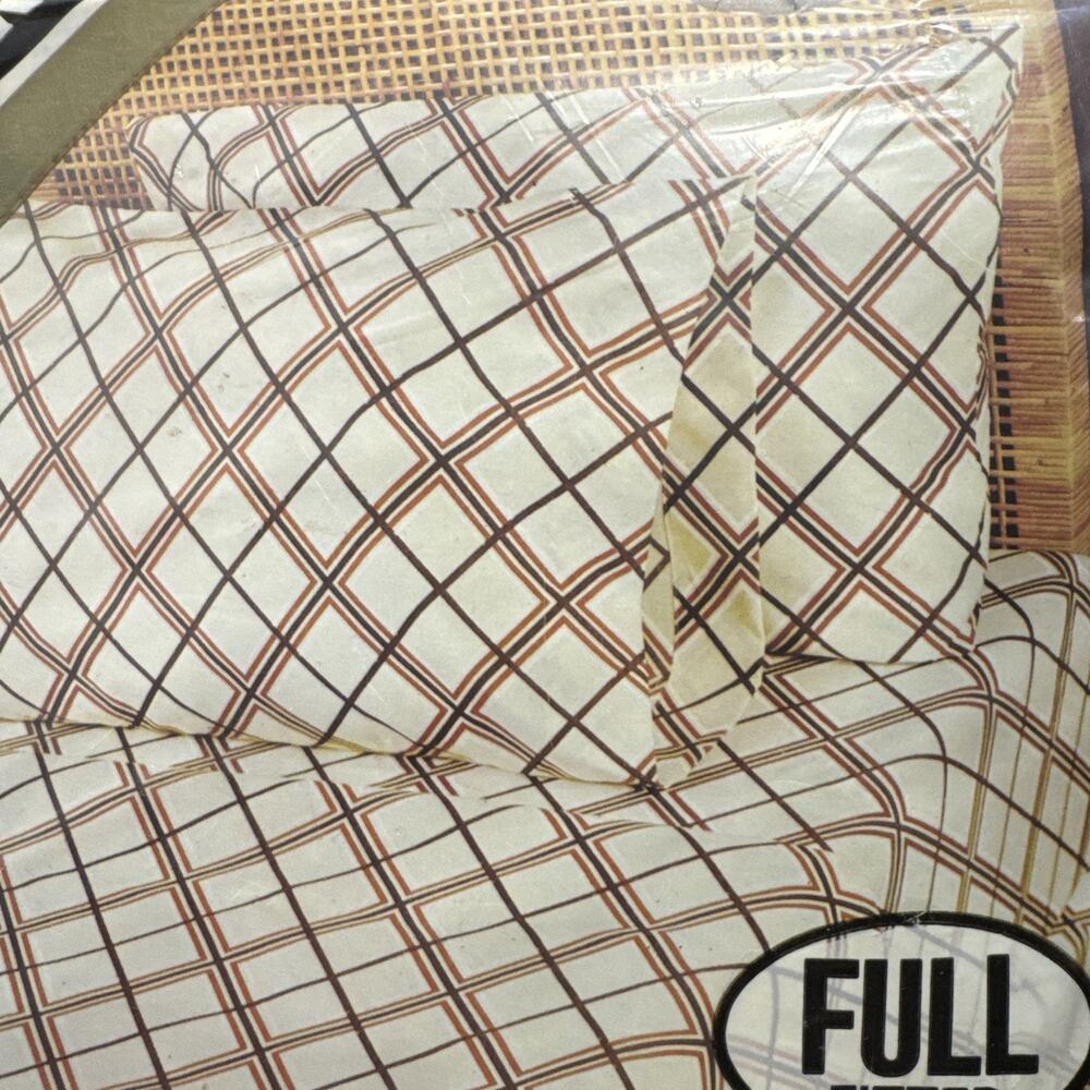 NOS 70s Vintage Boho Full Sheet Set Diamond Maze Fitted / Flat Retro hippie Mod
